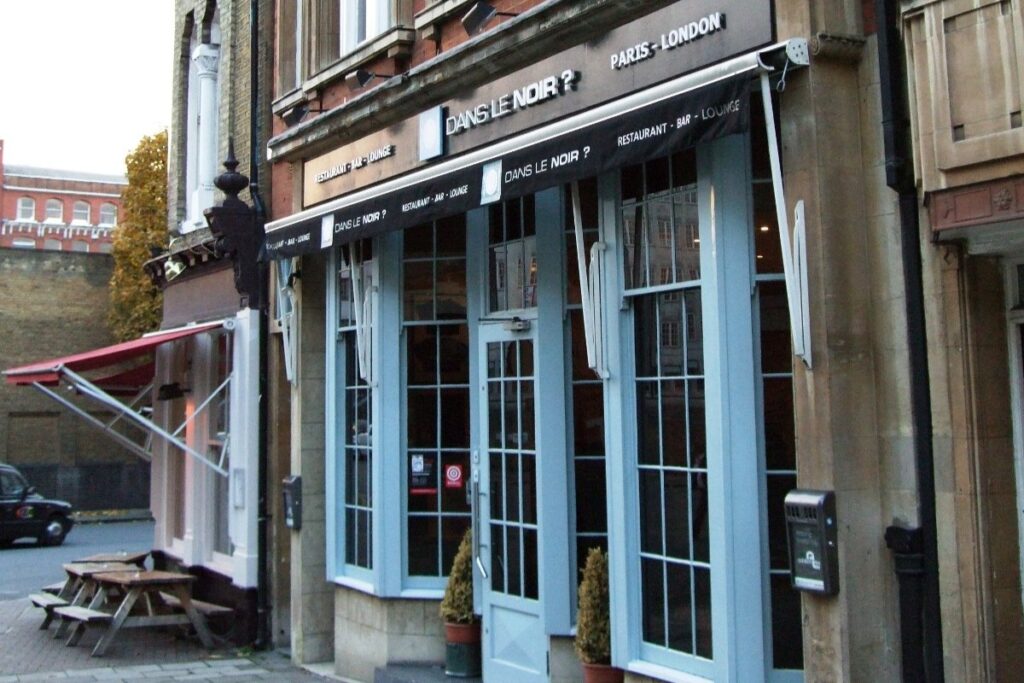 Dans Le Noir? restaurant exterior in Clerkenwell – an offbeat things to do in London for curious travellers, offering dining in complete darkness.