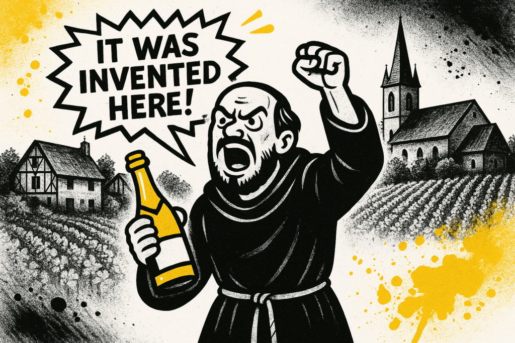 Cartoon monk shouting “It was invented here!” while holding Champagne bottle in a vineyard village scene, parodying Dom Pérignon’s legacy in Hautvillers. Reims Champagne travel guide