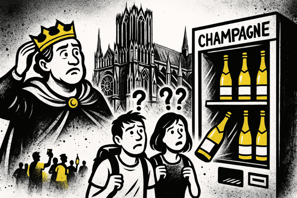 Cartoon of confused tourists at a Champagne vending machine near Reims Cathedral, with a concerned king watching in parody scene