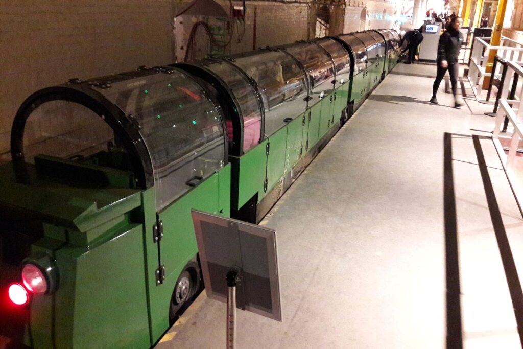 Mail Rail train at the Postal Museum in London – an offbeat thing to do in London for curious travellers exploring hidden underground history.