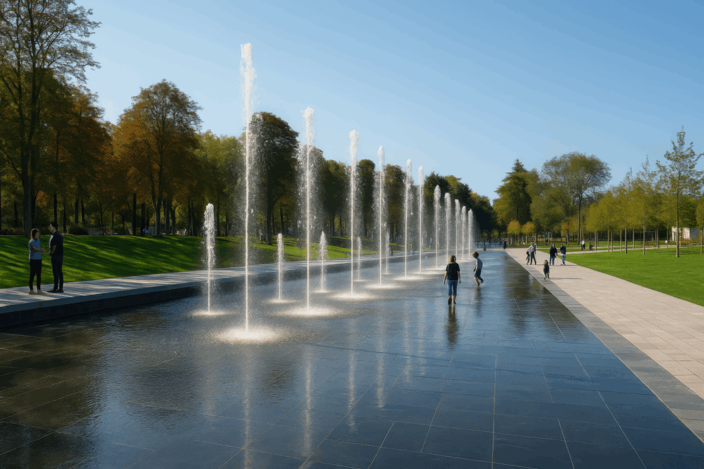 Children playing in the fountains of a sunny, tree-lined promenade inspired by Les Hautes Promenades in Reims, featured in the Reims Champagne travel guide