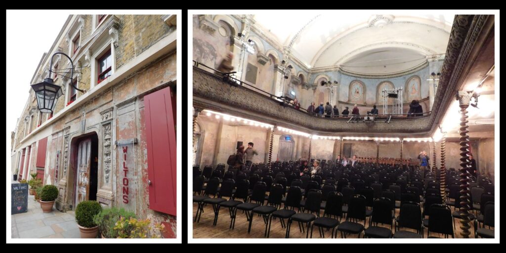 Exterior and interior of Wilton’s Music Hall – an offbeat thing to do in London for curious travellers interested in historic theatre venues.