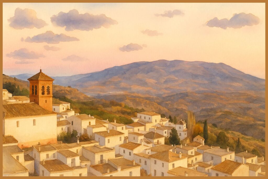 AI-generated watercolor painting of Mairena, Spain at sunset, featuring a red brick bell tower, whitewashed houses, and mountain views beneath a soft pastel sky