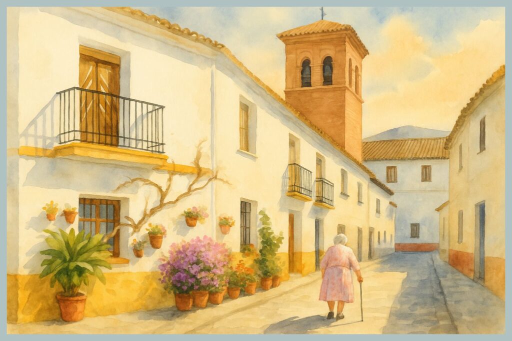 AI-generated watercolor painting of a sunlit street in Mairena, Spain, showing a red brick church tower, whitewashed buildings, flower pots, and an elderly woman walking with a cane