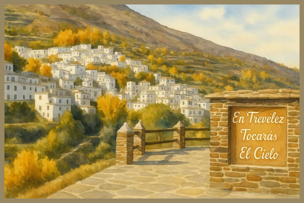 AI-generated watercolor painting of Trevélez, a whitewashed village in the Alpujarra mountains of Spain, with tiered houses climbing the hillside and autumn foliage in the foreground