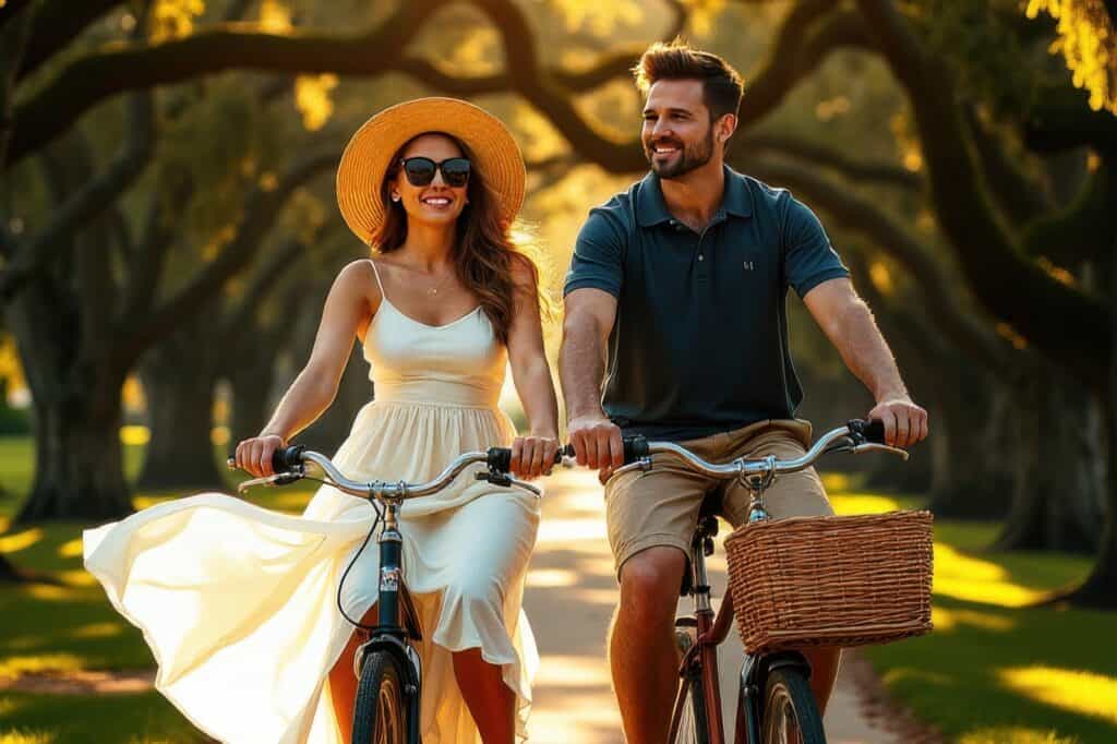 ST. SIMONS ISLAND , COUPLE ENJOYING A PEACEFUL BICYCLE RIDE 