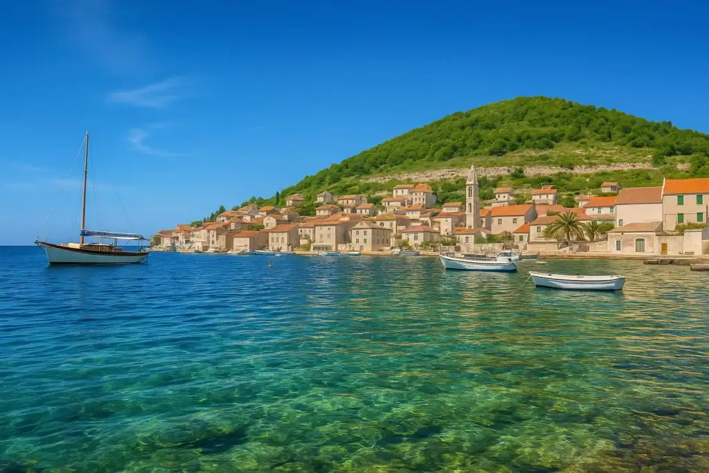 Photorealistic view of Vis Island, Croatia, with turquoise Adriatic waters, traditional stone houses, and boats moored in a peaceful coastal village.

