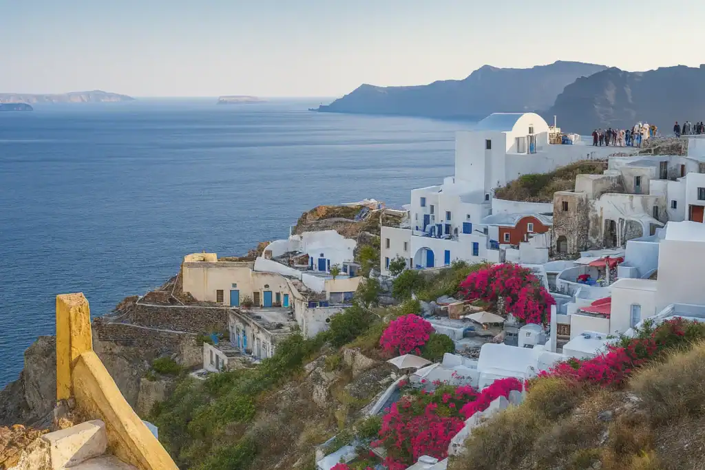 Photorealistic view of Amorgos, Greece, with traditional white Cycladic buildings, vibrant bougainvillea, and the Aegean Sea stretching toward distant islands.