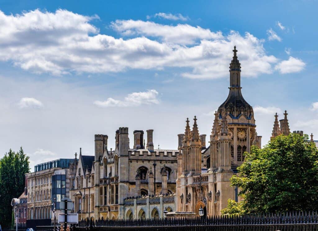Historic University buildings and domed clock tower in Cambridge, England
