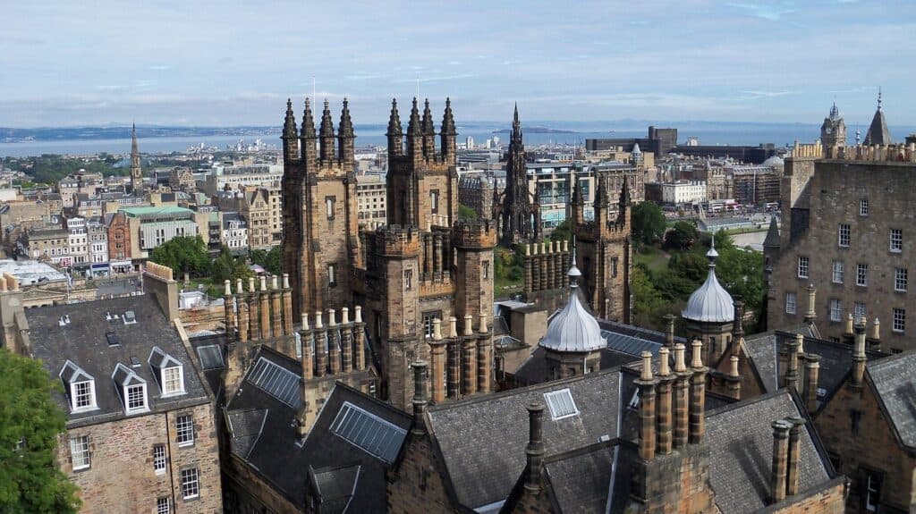 Edinburgh skyline from the Old Town, with New College and the Scott Monument, Scotland